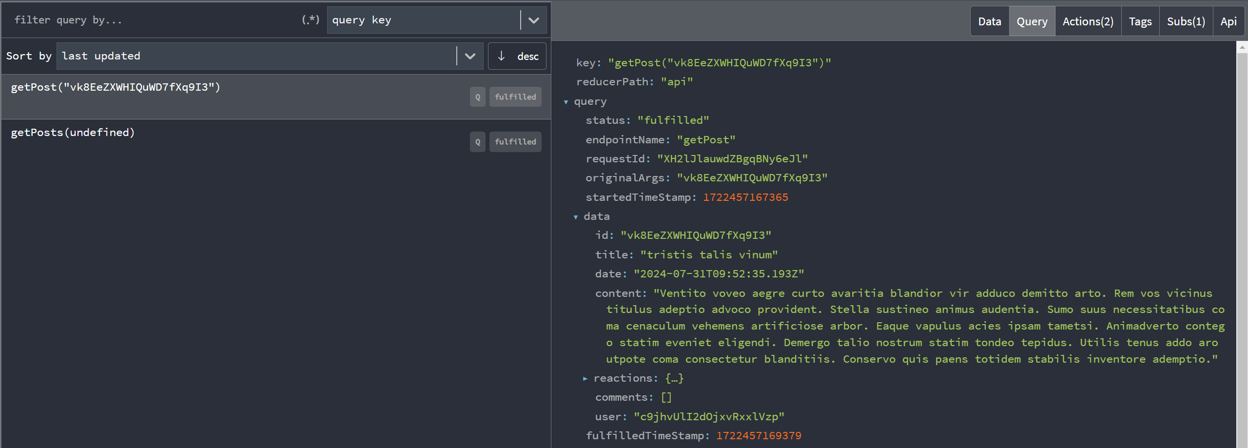 ストア状態にキャッシュされたRTK Queryデータ