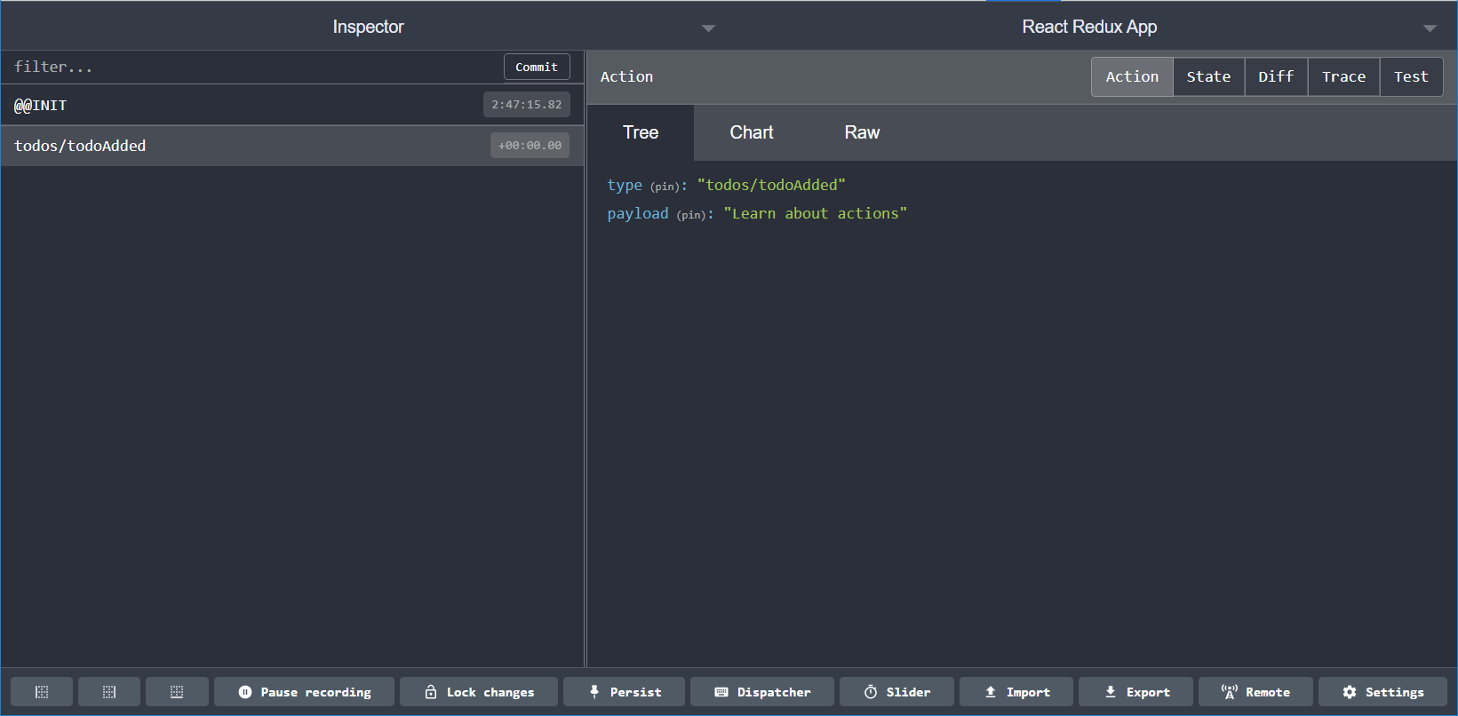 Redux DevTools 확장 프로그램: 액션 탭