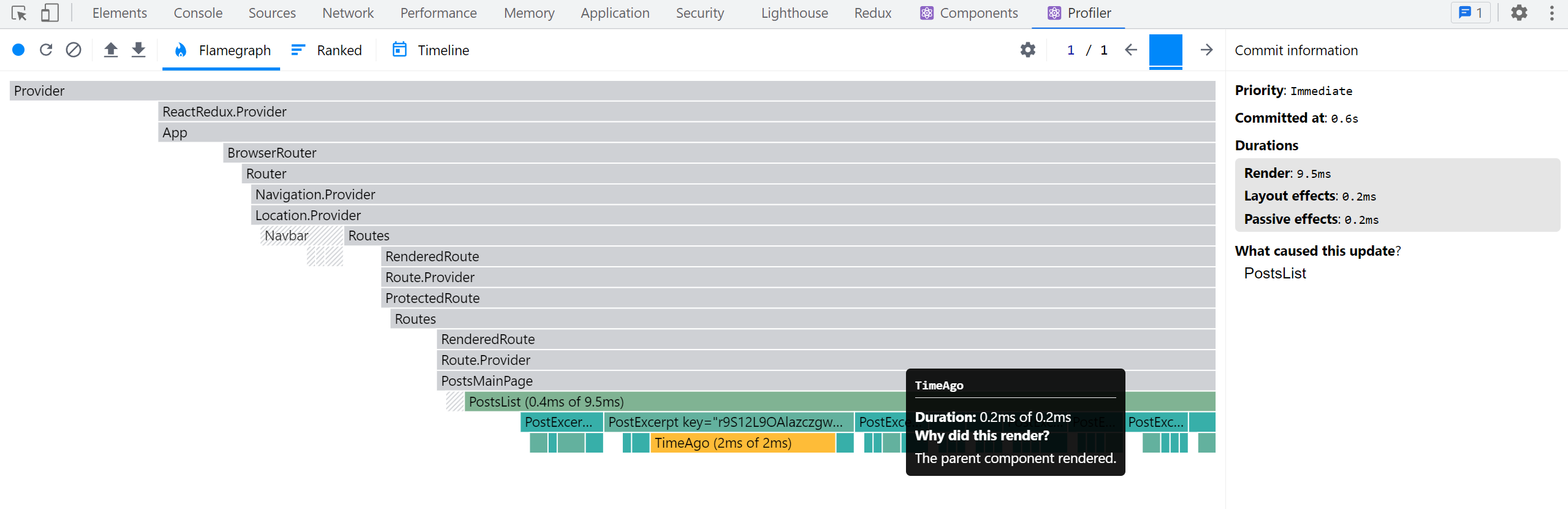 React DevTools Profiler 渲染捕获 - <PostsList>
